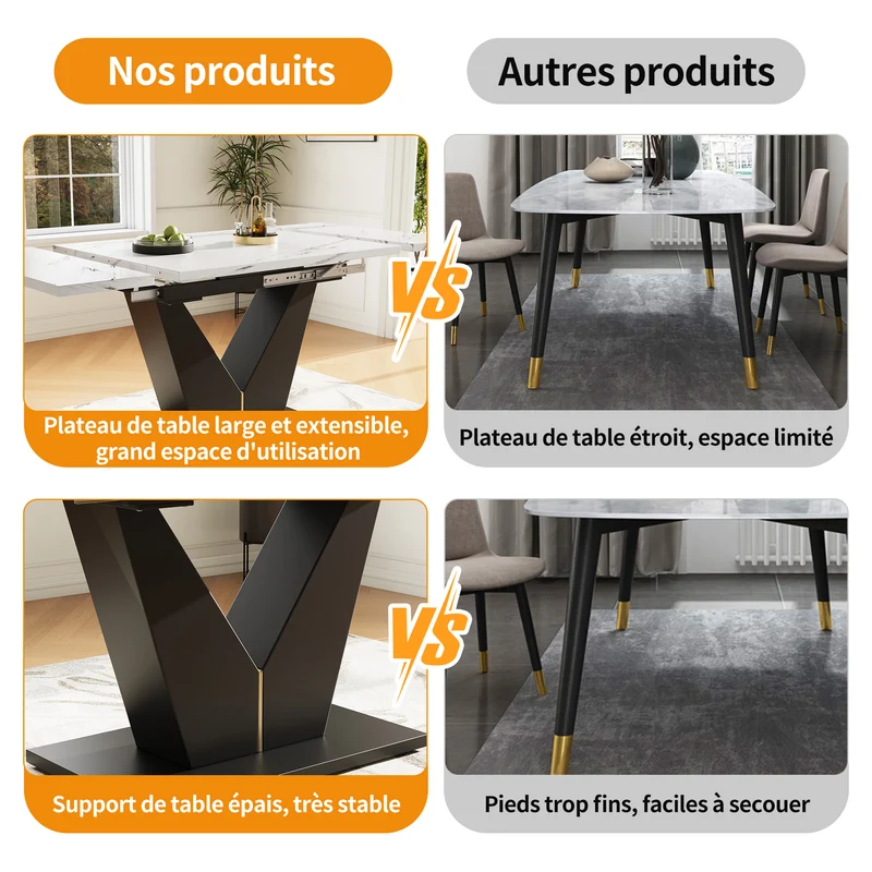 Table à manger extensible effet marbre blanc et pieds en métal noir en V (99-159 cm) LAMP WORK