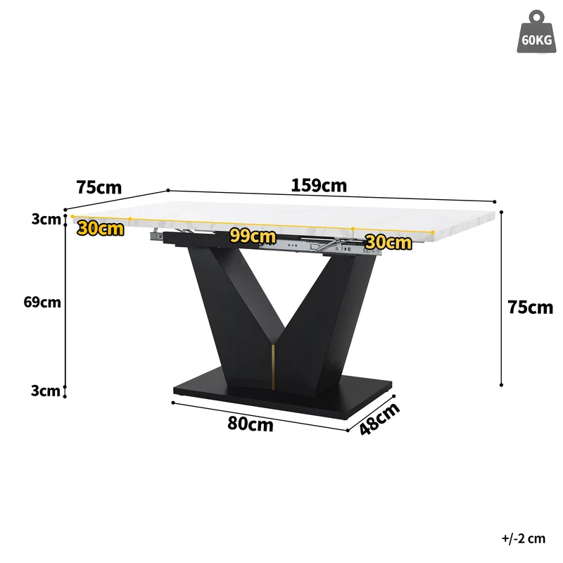 Table à manger extensible effet marbre blanc et pieds en métal noir en V (99-159 cm) LAMP WORK