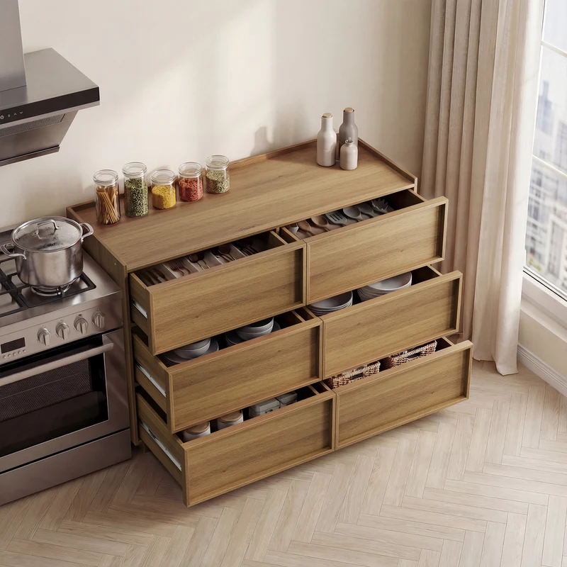 Buffet moderne à 6 tiroirs effet chêne, design minimaliste sans poignées 115x48x78cm LAMP AIR