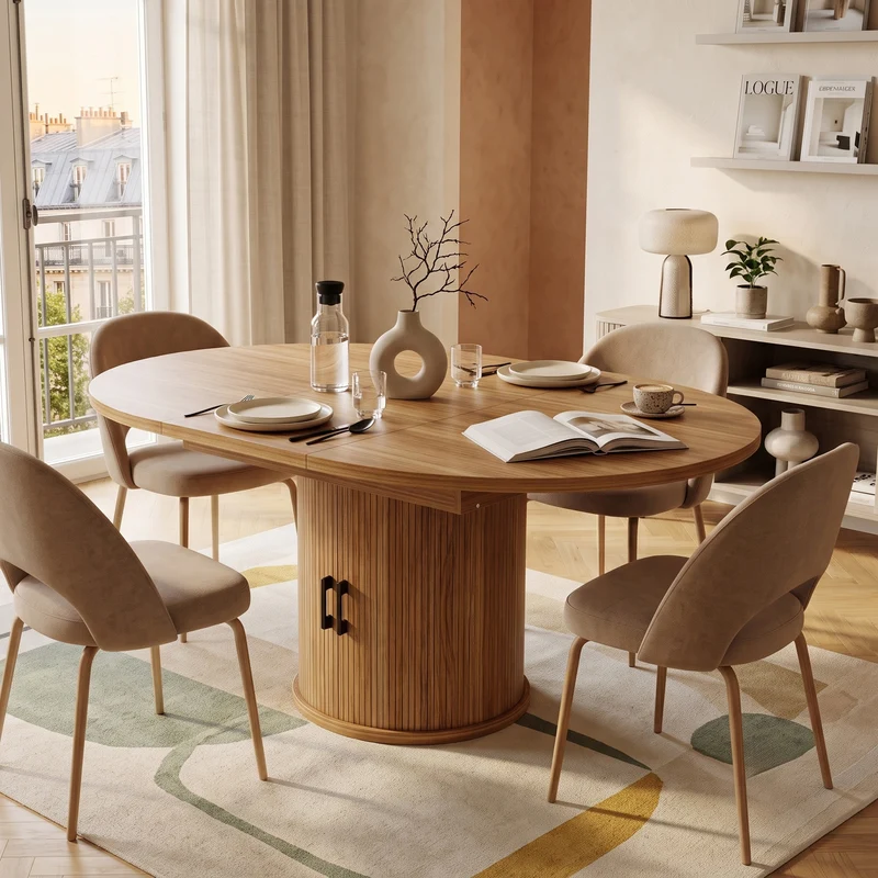Table à manger extensible (118-158 cm) ronde effet bois et pieds avec rangement intégré (6 personnes) LAMP RATTAN