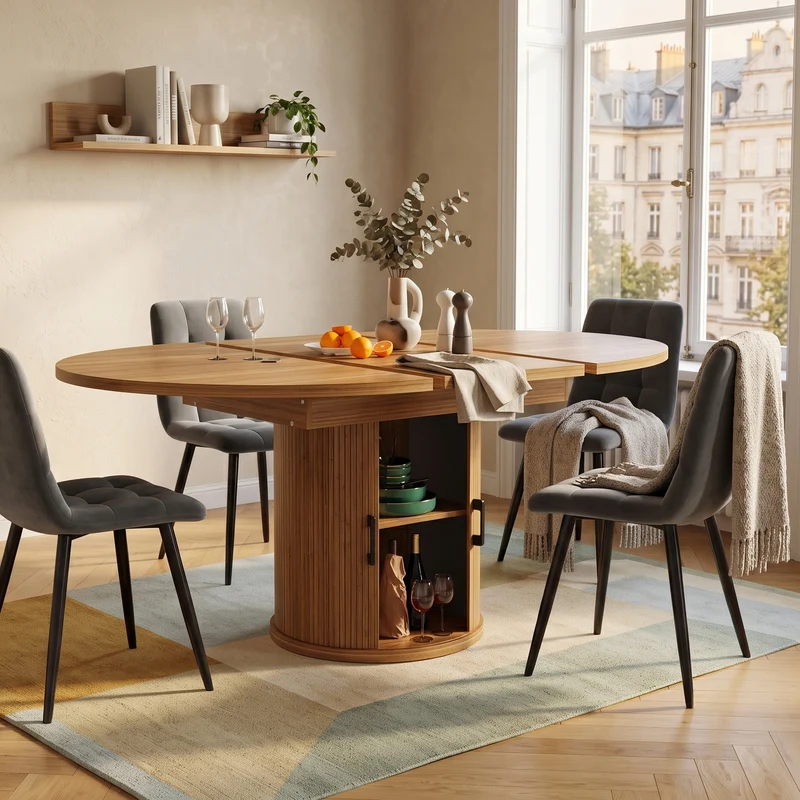 Table à manger extensible (118-158 cm) ronde effet bois et pieds avec rangement intégré (6 personnes) LAMP RATTAN