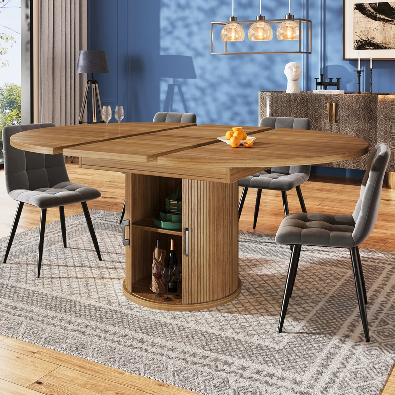 Table à manger extensible (118-158 cm) ronde effet bois et pieds avec rangement intégré (6 personnes) LAMP RATTAN
