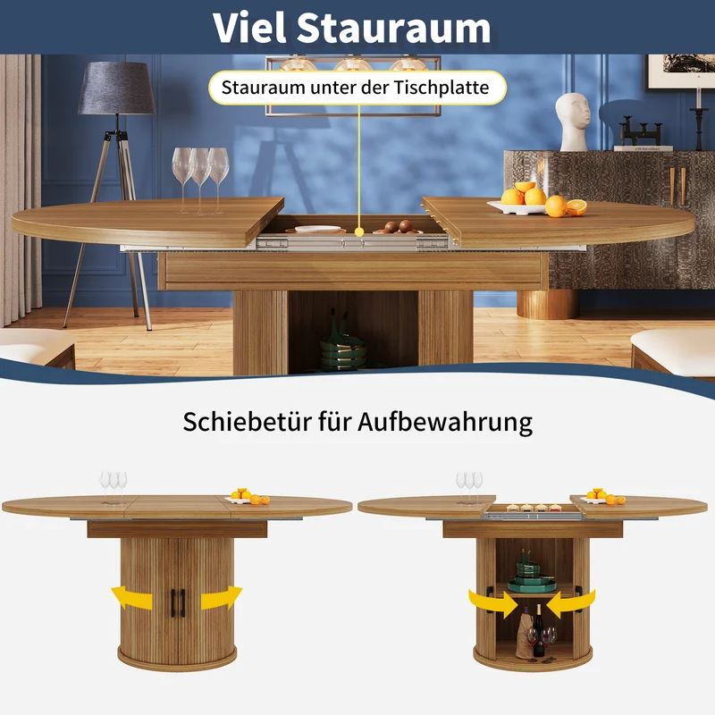 Table à manger extensible (118-158 cm) ronde effet bois et pieds avec rangement intégré (6 personnes) LAMP RATTAN