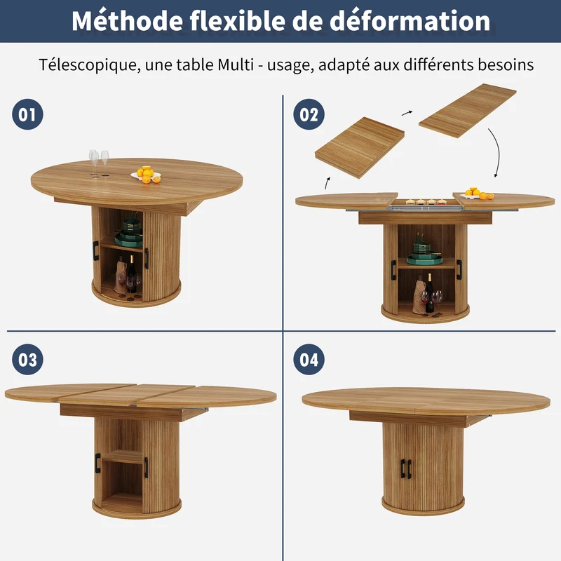 Table à manger extensible (118-158 cm) ronde effet bois et pieds avec rangement intégré (6 personnes) LAMP RATTAN
