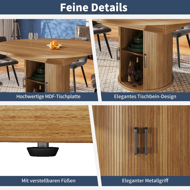 Table à manger extensible (118-158 cm) ronde effet bois et pieds avec rangement intégré (6 personnes) LAMP RATTAN