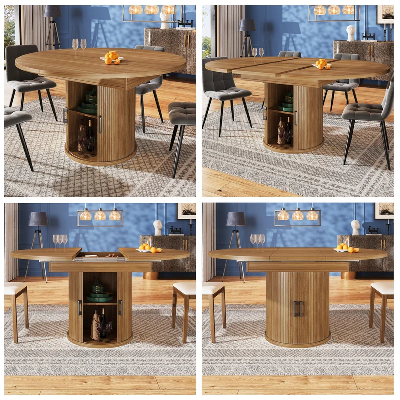 Table à manger extensible (118-158 cm) ronde effet bois et pieds avec rangement intégré (6 personnes) LAMP RATTAN