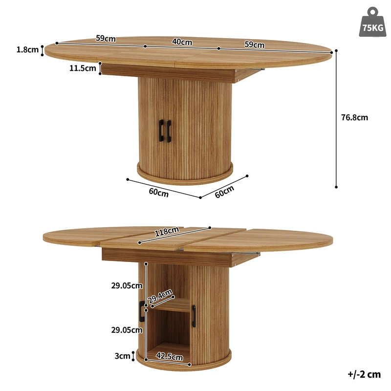 Table à manger extensible (118-158 cm) ronde effet bois et pieds avec rangement intégré (6 personnes) LAMP RATTAN