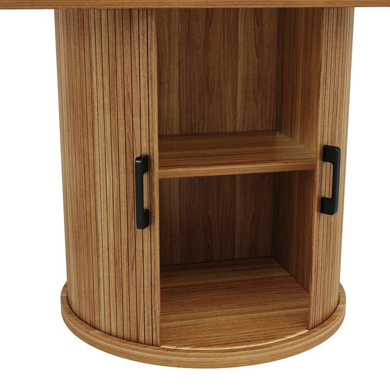 Table à manger extensible (118-158 cm) ronde effet bois et pieds avec rangement intégré (6 personnes) LAMP RATTAN