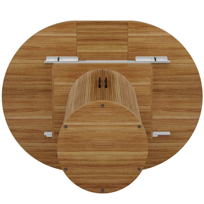 Table à manger extensible (118-158 cm) ronde effet bois et pieds avec rangement intégré (6 personnes) LAMP RATTAN