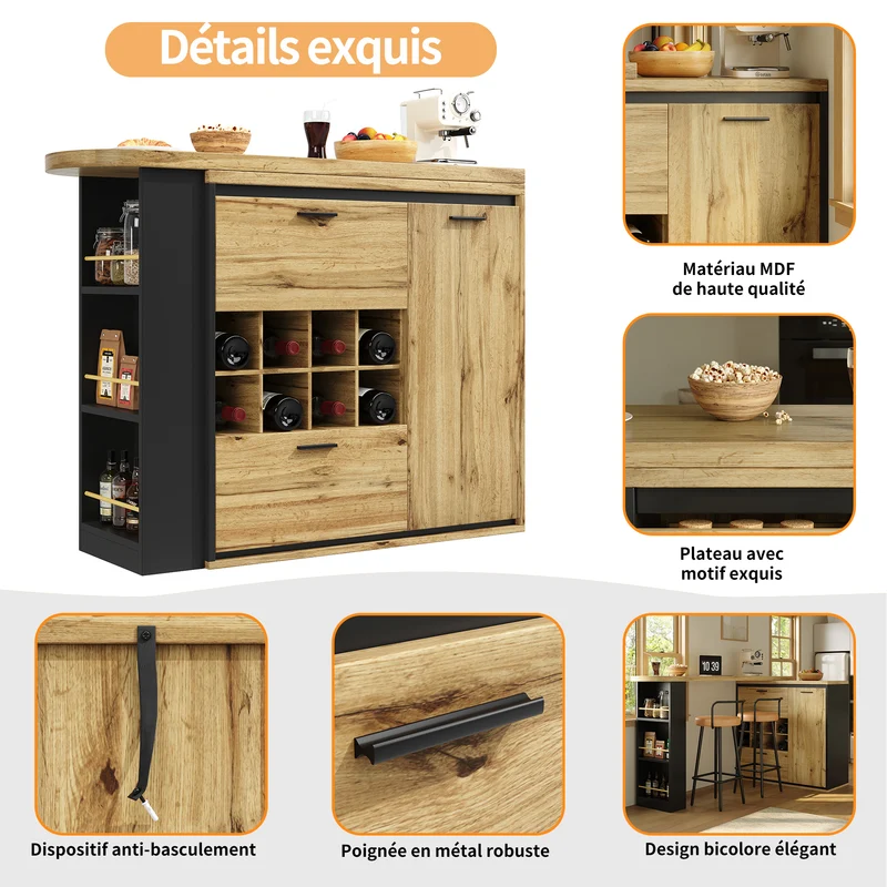 Table de bar pivotante extensible effet bois, tiroirs, casier à vin, étagères intégré 138-220 cm LAMP SET