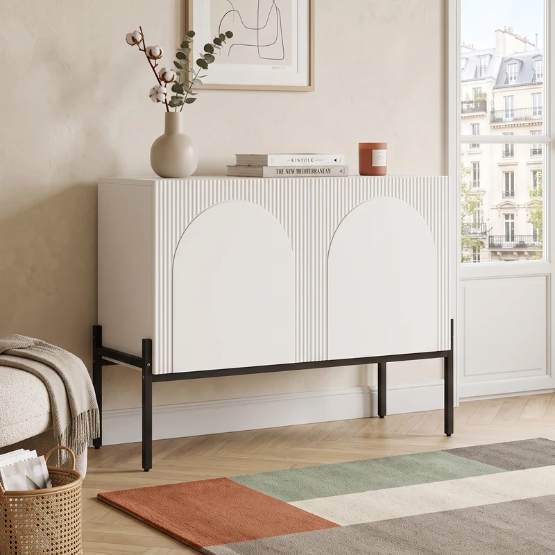 Buffet blanc design arche texturé 2 portes 100x40x75cm ITALIAN GOLD PRIME