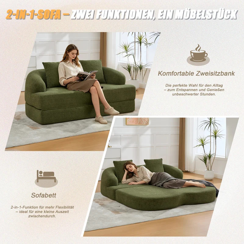 Canapé-lit 2 places convertible en chenille verte texturé et 2 coussins LAMP BLACK