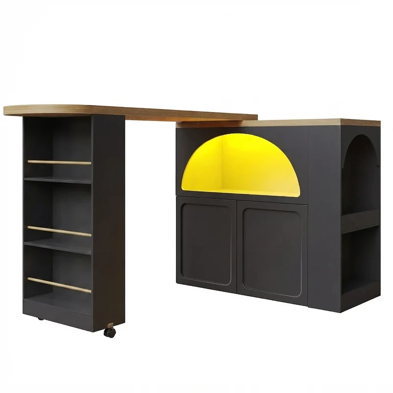 Îlot de cuisine table de bar pivotante extensible noir avec éclairage LED et roulettes LAMP RESIN