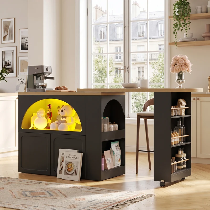 Îlot de cuisine table de bar pivotante extensible noir avec éclairage LED et roulettes LAMP RESIN