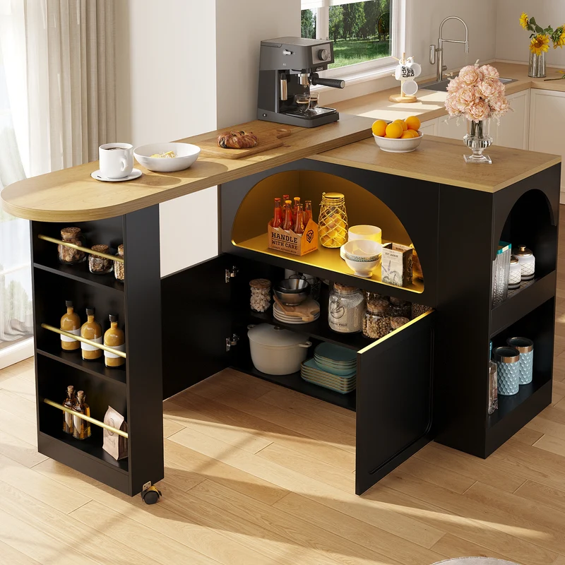 Îlot de cuisine table de bar pivotante extensible noir avec éclairage LED et roulettes LAMP RESIN