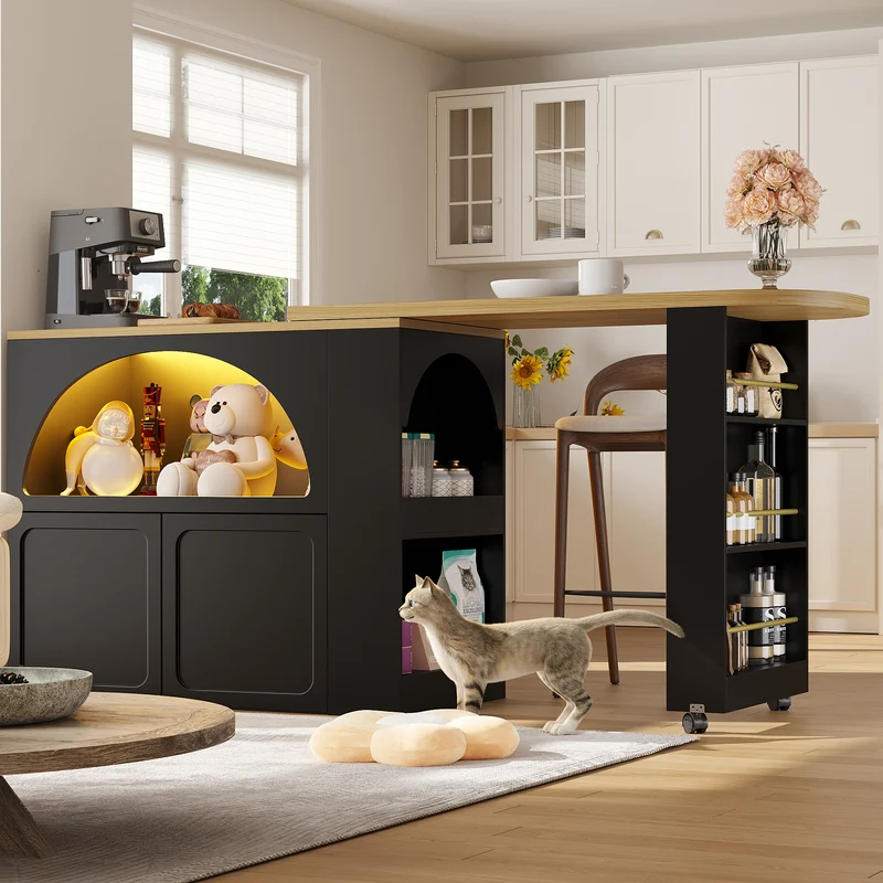 Îlot de cuisine table de bar pivotante extensible noir avec éclairage LED et roulettes LAMP RESIN