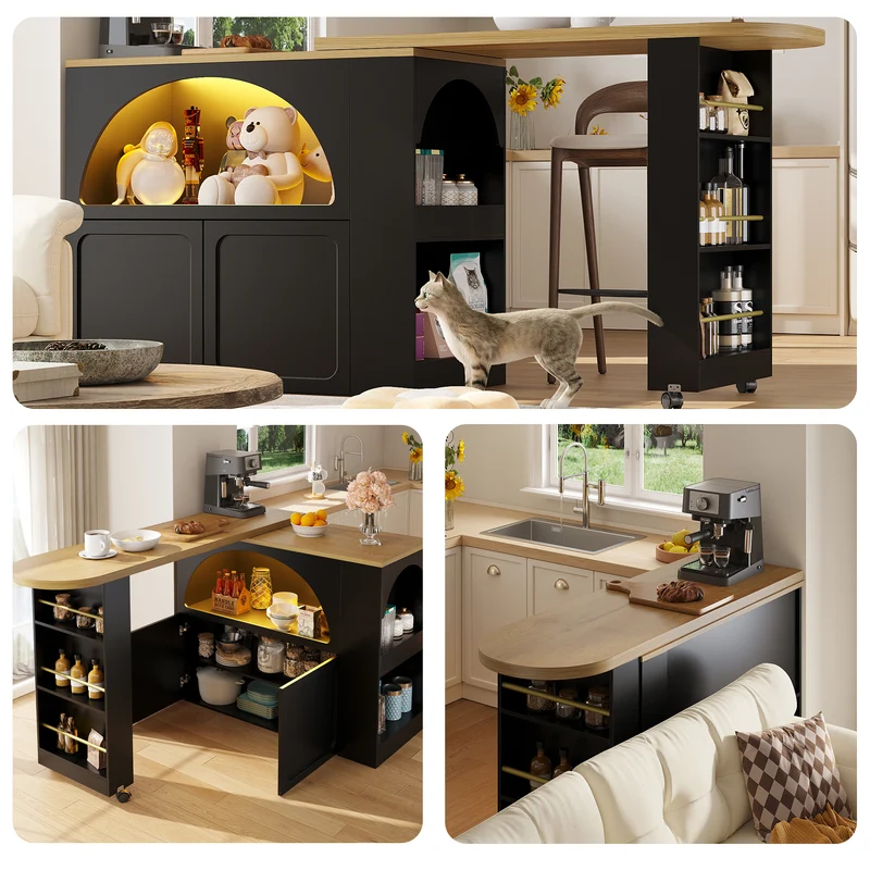 Îlot de cuisine table de bar pivotante extensible noir avec éclairage LED et roulettes LAMP RESIN