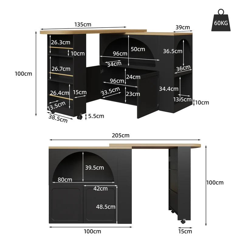 Îlot de cuisine table de bar pivotante extensible noir avec éclairage LED et roulettes LAMP RESIN