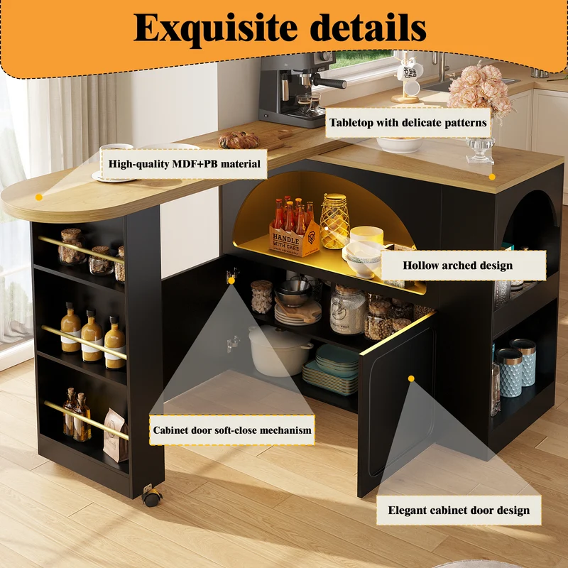 Îlot de cuisine table de bar pivotante extensible noir avec éclairage LED et roulettes LAMP RESIN
