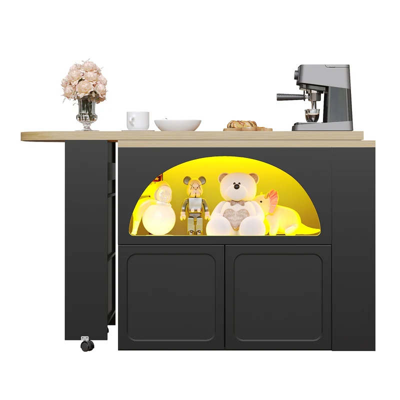 Îlot de cuisine table de bar pivotante extensible noir avec éclairage LED et roulettes LAMP RESIN
