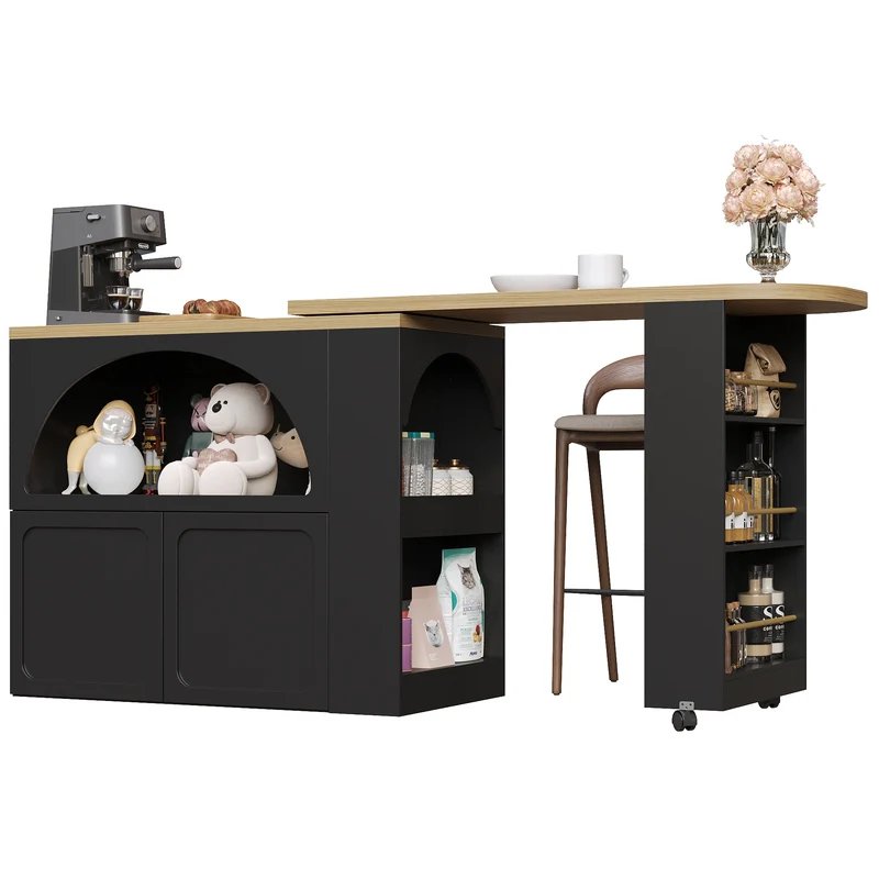 Îlot de cuisine table de bar pivotante extensible noir avec éclairage LED et roulettes LAMP RESIN