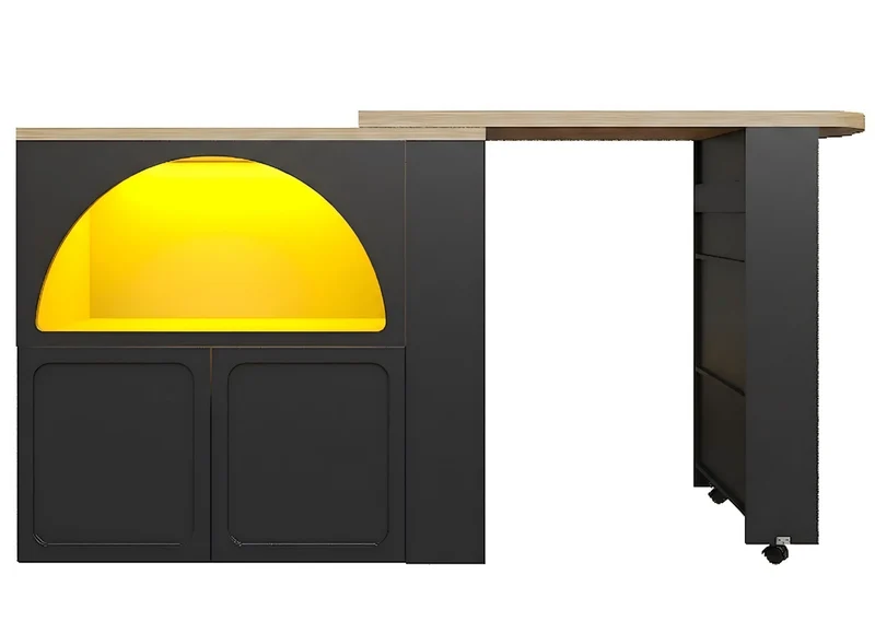 Îlot de cuisine table de bar pivotante extensible noir avec éclairage LED et roulettes LAMP RESIN