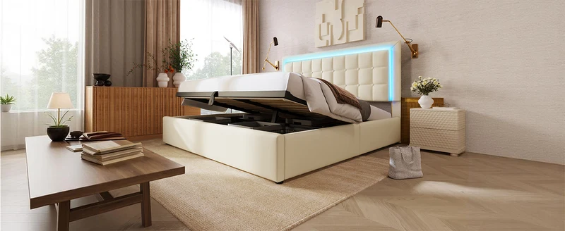 Lit double 140x200cm avec rangement, LED, simili cuir blanc, sommier inclus, design moderne