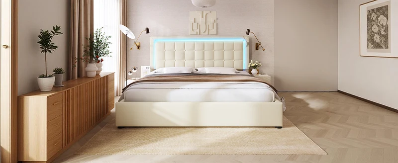 Lit double 140x200cm avec rangement, LED, simili cuir blanc, sommier inclus, design moderne