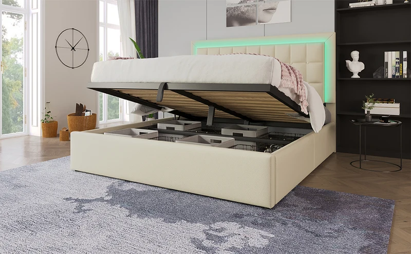 Lit double 140x200cm avec rangement, LED, simili cuir blanc, sommier inclus, design moderne