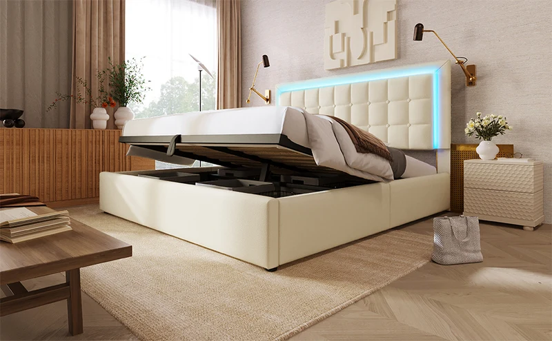 Lit double 140x200cm avec rangement, LED, simili cuir blanc, sommier inclus, design moderne