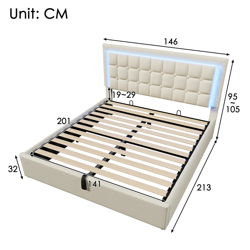 Lit double 140x200cm avec rangement, LED, simili cuir blanc, sommier inclus, design moderne