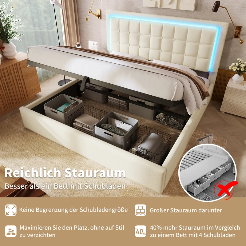 Lit double 140x200cm avec rangement, LED, simili cuir blanc, sommier inclus, design moderne