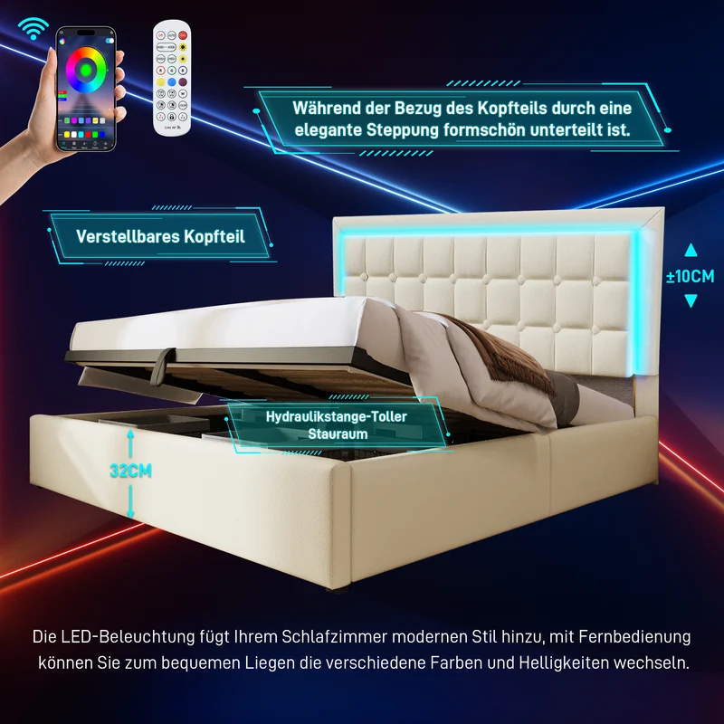 Lit double 140x200cm avec rangement, LED, simili cuir blanc, sommier inclus, design moderne