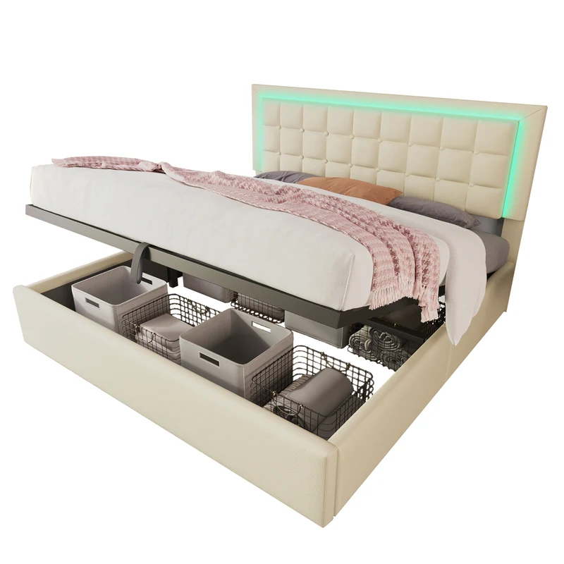 Lit double 140x200cm avec rangement, LED, simili cuir blanc, sommier inclus, design moderne