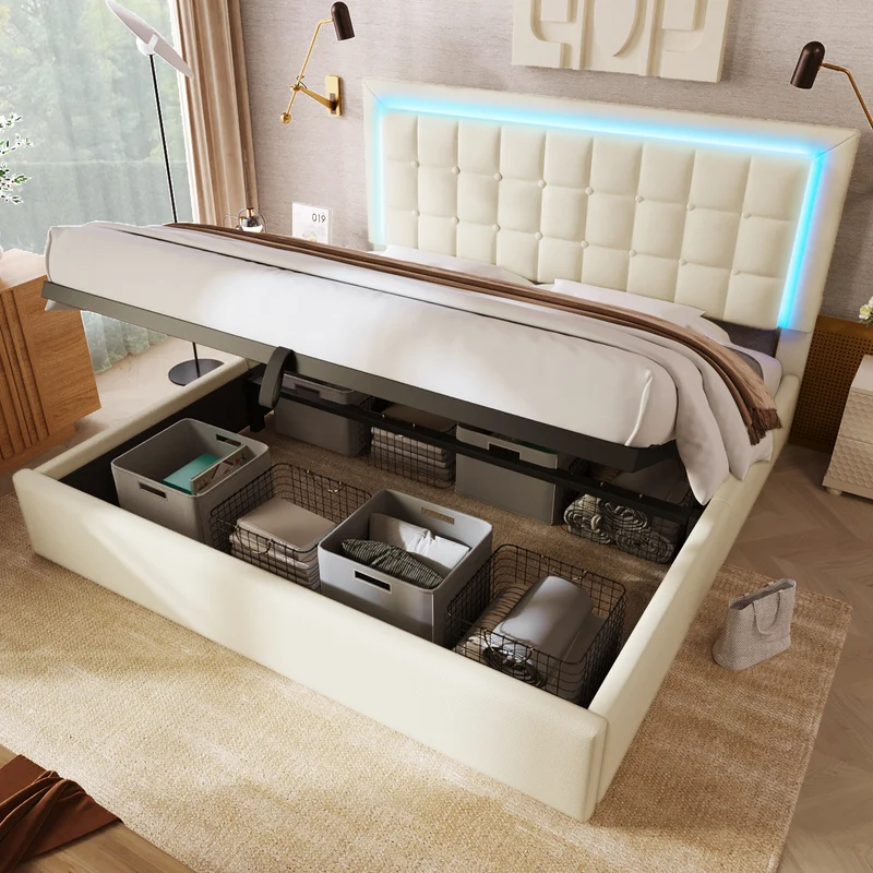 Lit double 140x200cm avec rangement, LED, simili cuir blanc, sommier inclus, design moderne