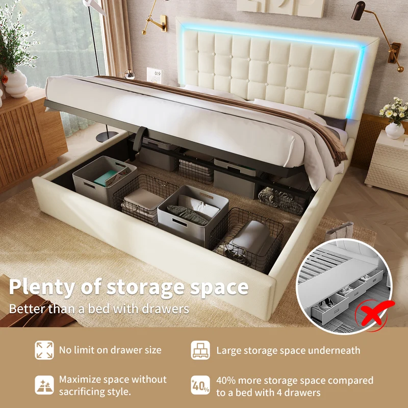 Lit double 140x200cm avec rangement, LED, simili cuir blanc, sommier inclus, design moderne
