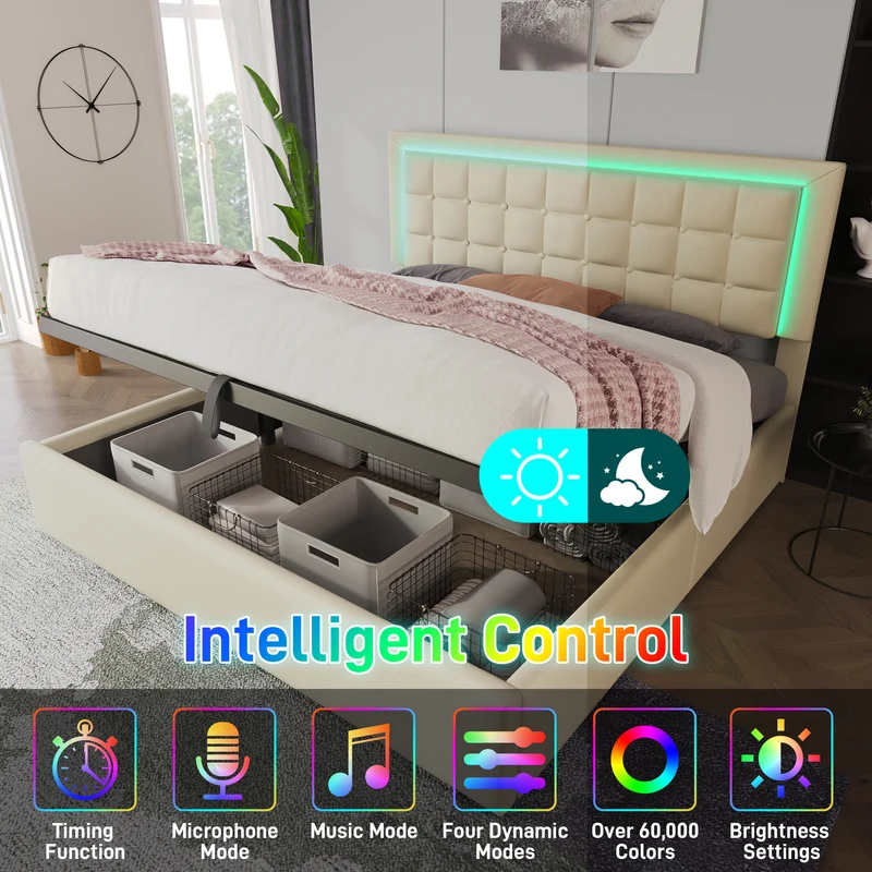 Lit double 140x200cm avec rangement, LED, simili cuir blanc, sommier inclus, design moderne