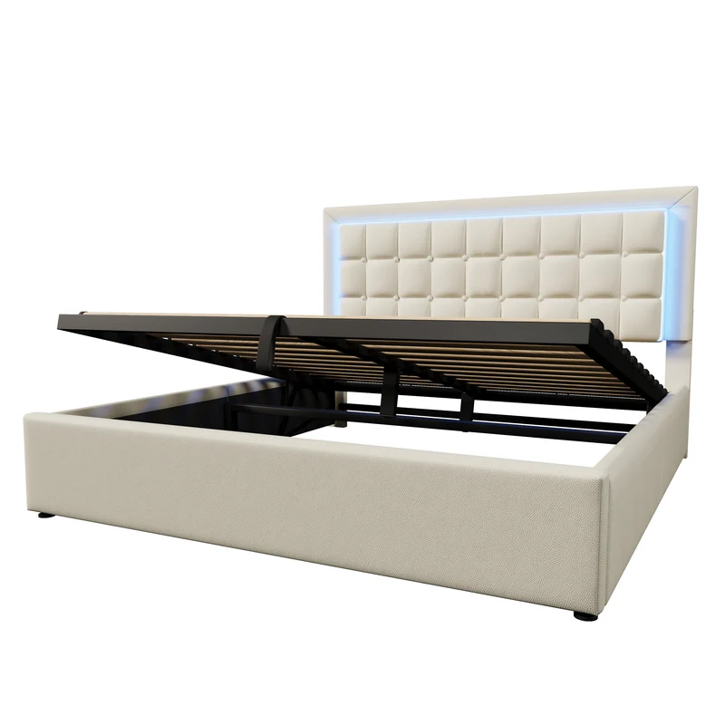 Lit double 140x200cm avec rangement, LED, simili cuir blanc, sommier inclus, design moderne