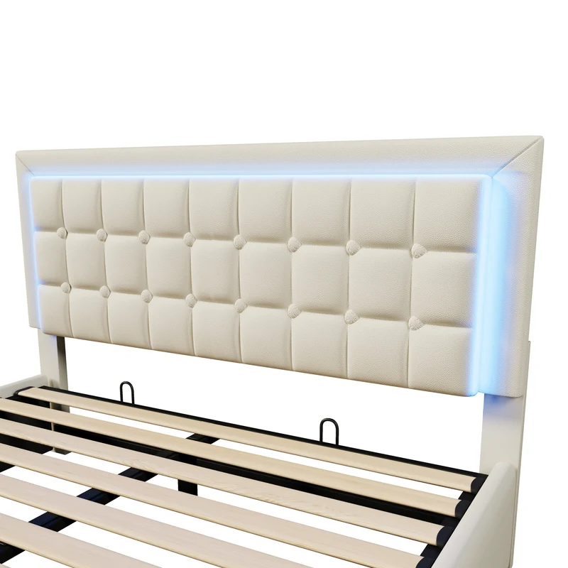 Lit double 140x200cm avec rangement, LED, simili cuir blanc, sommier inclus, design moderne