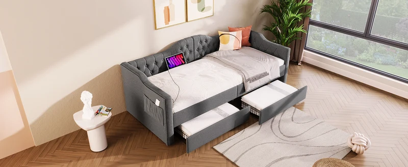 Lit banquette 90x200cm gris lin avec rangement, ports USB Type C, style moderne