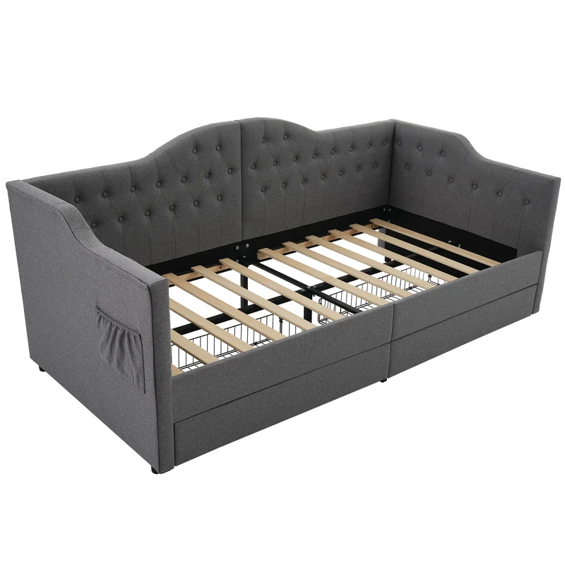 Lit banquette 90x200cm gris lin avec rangement, ports USB Type C, style moderne