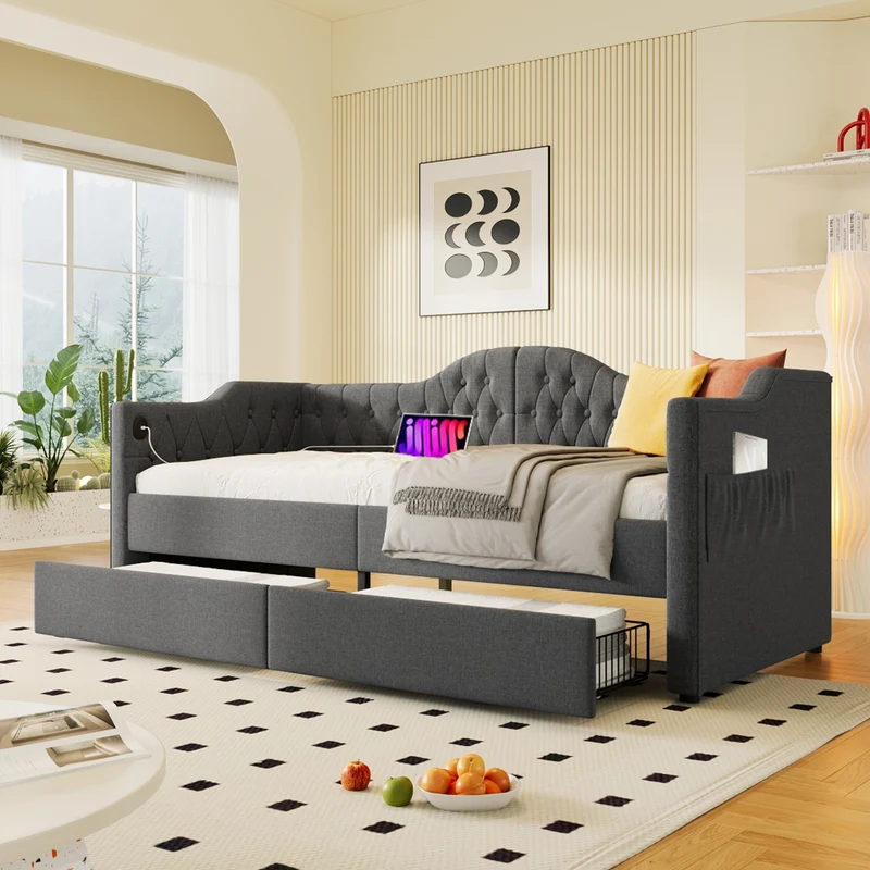Lit banquette 90x200cm gris lin avec rangement, ports USB Type C, style moderne
