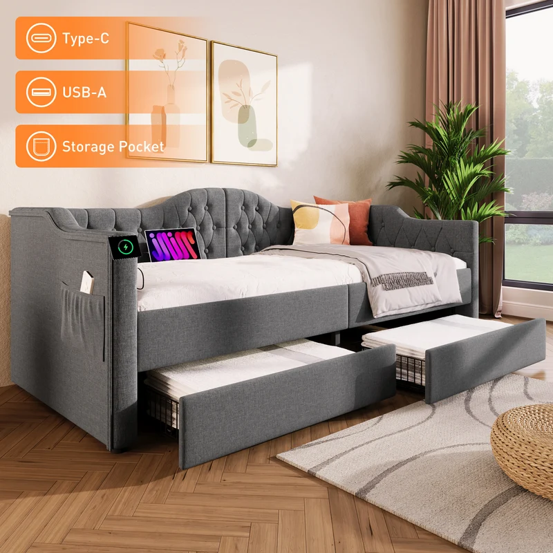 Lit banquette 90x200cm gris lin avec rangement, ports USB Type C, style moderne