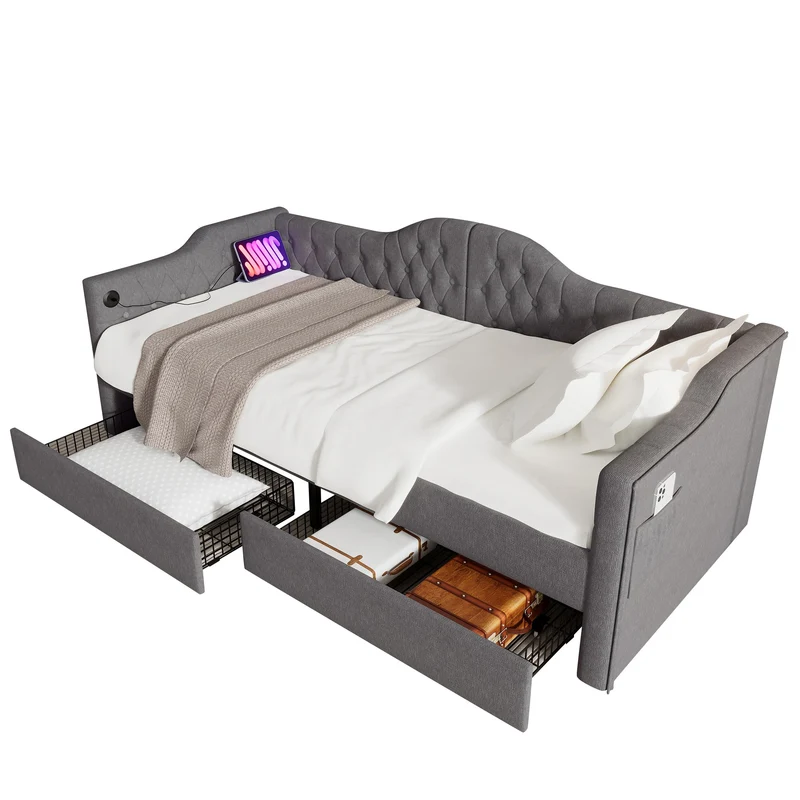 Lit banquette 90x200cm gris lin avec rangement, ports USB Type C, style moderne