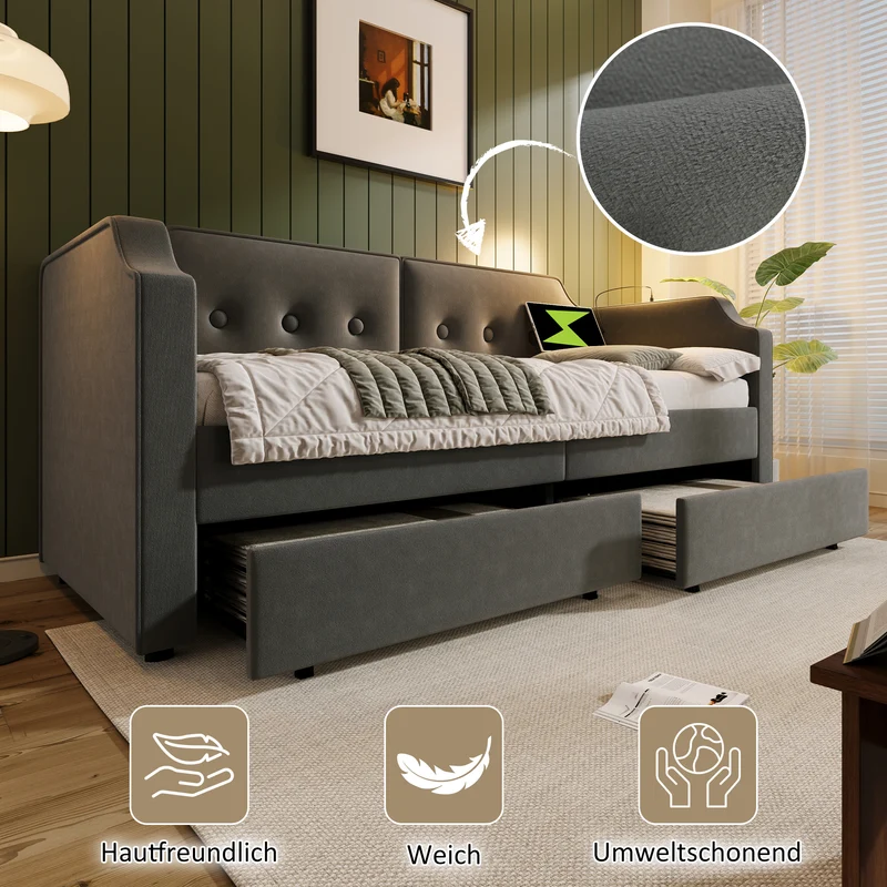 Lit banquette 90x200 cm velours gris avec USB Type-C, liseuse et 2 tiroirs – Cadre robuste, lit d’appoint ou enfant, sans matelas
