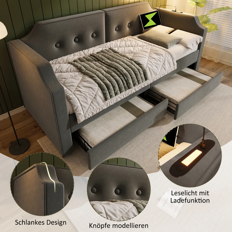 Lit banquette 90x200 cm velours gris avec USB Type-C, liseuse et 2 tiroirs – Cadre robuste, lit d’appoint ou enfant, sans matelas