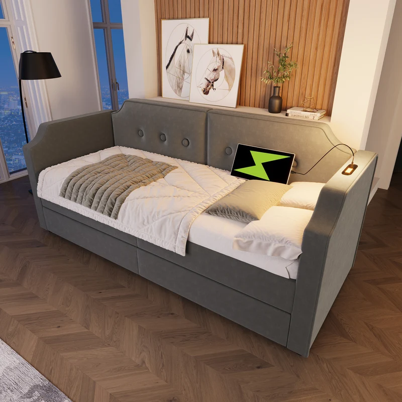Lit banquette 90x200 cm velours gris avec USB Type-C, liseuse et 2 tiroirs – Cadre robuste, lit d’appoint ou enfant, sans matelas
