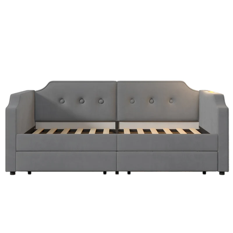 Lit banquette 90x200 cm velours gris avec USB Type-C, liseuse et 2 tiroirs – Cadre robuste, lit d’appoint ou enfant, sans matelas