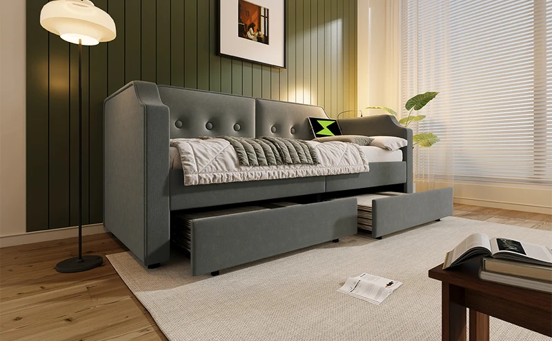 Lit banquette 90x200 cm velours gris avec USB Type-C, liseuse et 2 tiroirs – Cadre robuste, lit d’appoint ou enfant, sans matelas