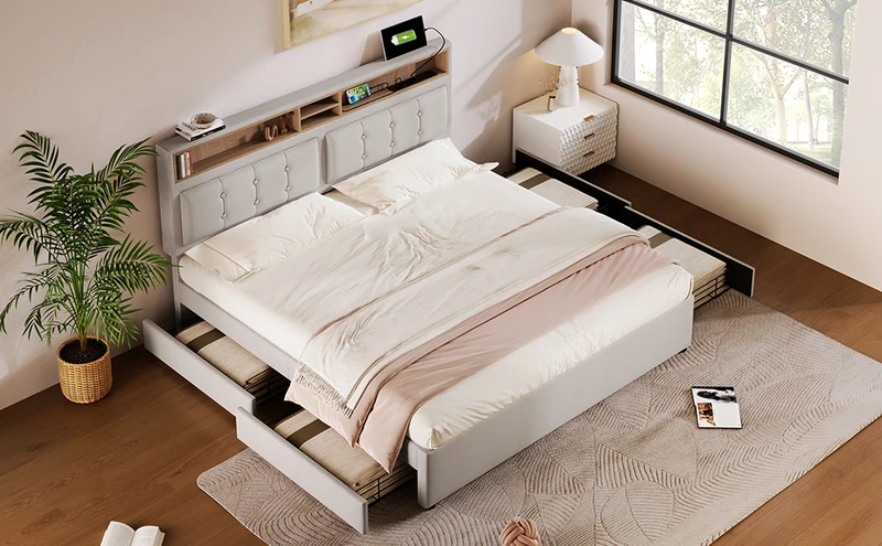 Lit double 140x200cm avec 4 tiroirs, tête de lit réglable, ports USB-C, tissu beige, sommier bois